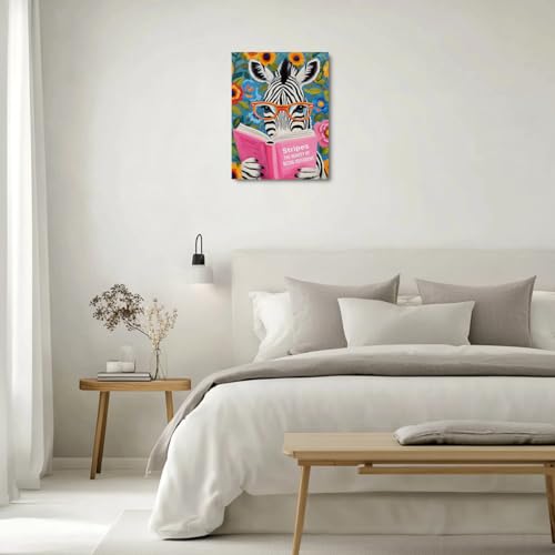 Zebra Reading Wall Art Canvas Print - Animal Book Lovers Gift - Variation of Zebra Reading 538