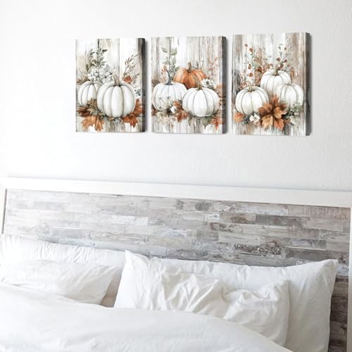 Set of 3 Fall Pumpkin Wall Art Rustic Canvas Prints Farmhouse Thanksgiving 12x16 - Pumpkin