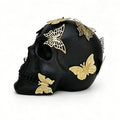 Black Skull Statue Gothic Figurine for Home Decor - Large Halloween Ornament with Butterflies