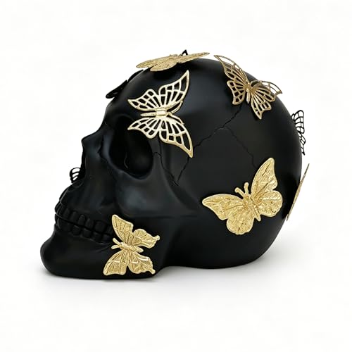 Black Skull Statue Gothic Figurine for Home Decor - Large Halloween Ornament with Butterflies
