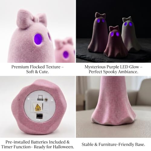 Pink Flocked Halloween Ghost Figurines Set with LED Timer - Cute Decor