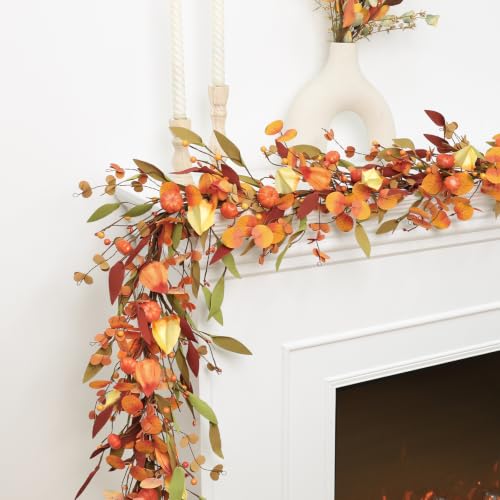 Fall Eucalyptus Pumpkin Leaves Garland - 6FT Autumn Autumnal Decor - Fall Garland with Sibling Variation