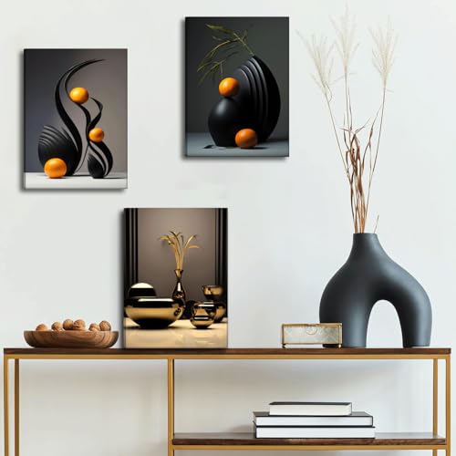 Abstract Canvas Wall Art Set - 24x16 Inches Modern Sculpture Decor - Black & Orange
