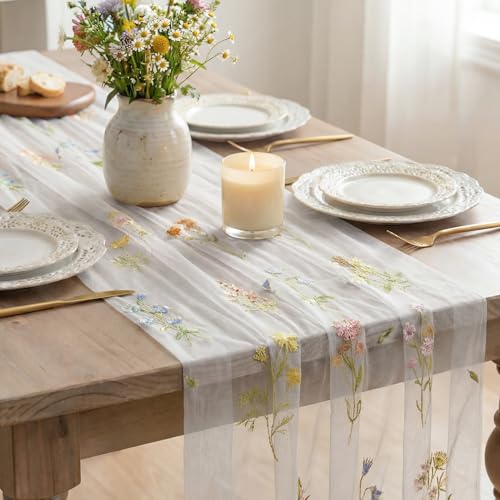 3PC White Gauze Embroidery Table Runner Set - 28 x 120 Inches, Spring Home Decor