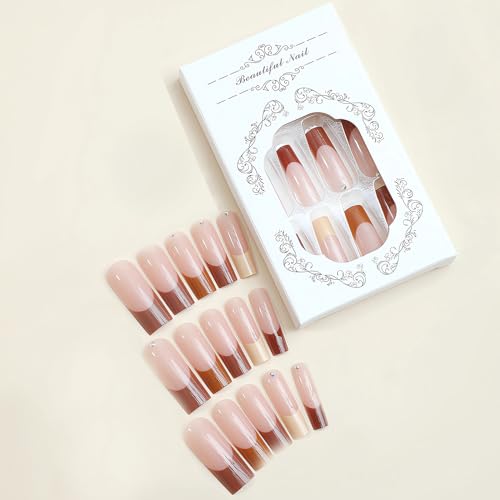 MISUD Fall Brown Long Square Press-On Nails with French Tip & 3D Diamond - 24 pcs - Variation 099A23Brown