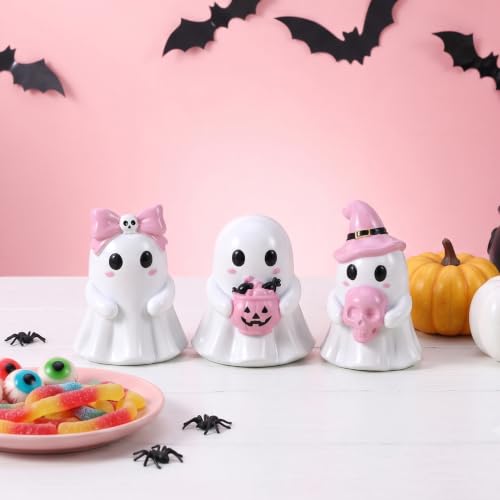 Pastel Halloween Ghost Figurine Set - Pink & White Resin Decorations with Bow, Witch Hat & Pumpkin