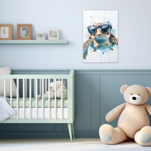 Sea Turtle Wall Art Canvas Prints Bathroom Decor Teal 36x24 Inches - Funny Turtle with Glasses