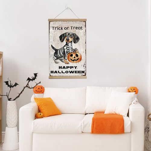 Halloween Trick or Treat Dachshund and Pumpkin Yard Sign - Vintage Wall Art Prints 12x16