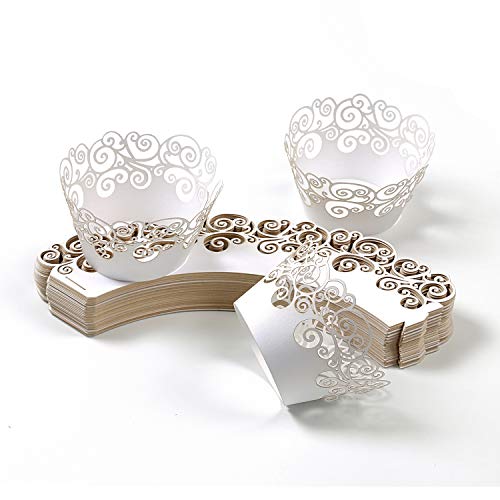 White Cupcake Wrappers 50 Pack Filigree Lace Design for Wedding Birthday