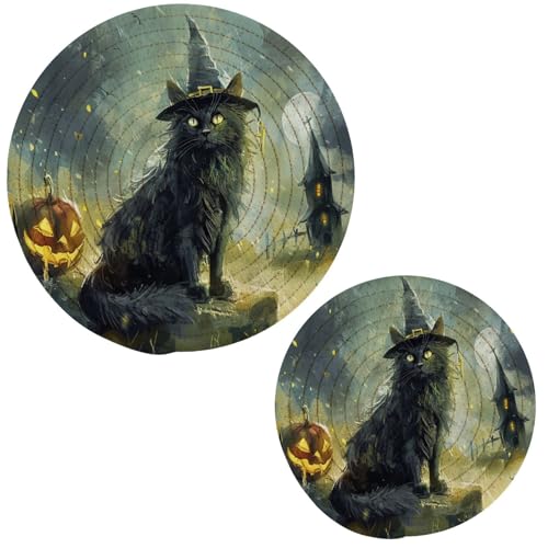 Halloween Cat Potholder and Trivet Set - Woven Cotton Hot Pot Coasters for Cooking Baking