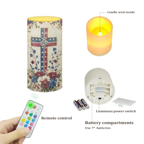 Flameless Candle with Cross American Flag Floral Print - Patriotic 4th of July Decor - Remote Control