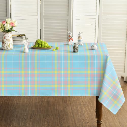 Easter Tablecloth 52 x 70 Inch Rectangular Blue Buffalo Plaid - Durable Polyester