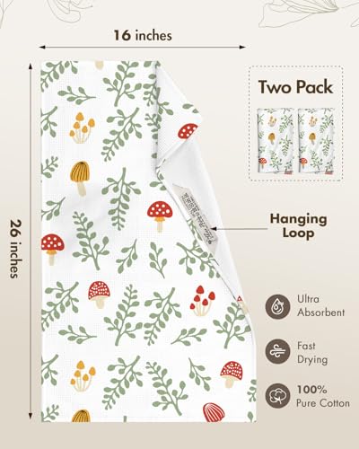 Cotton Waffle Kitchen Towels - Mushroom Pattern, 2 Pack - Absorbent & Quick-Drying