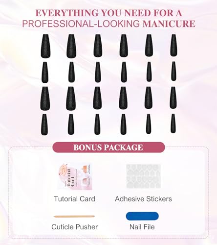 Long Black Glitter Coffin Press-On Nails Set - 12 Sizes with Glue & Stickers - Variation 08-Long Black Glitter