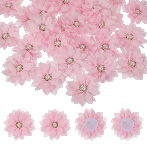 Fabric Flowers with Rhinestone Pearls - Light Pink, 30 Pcs for DIY Crafts & Wedding Decor