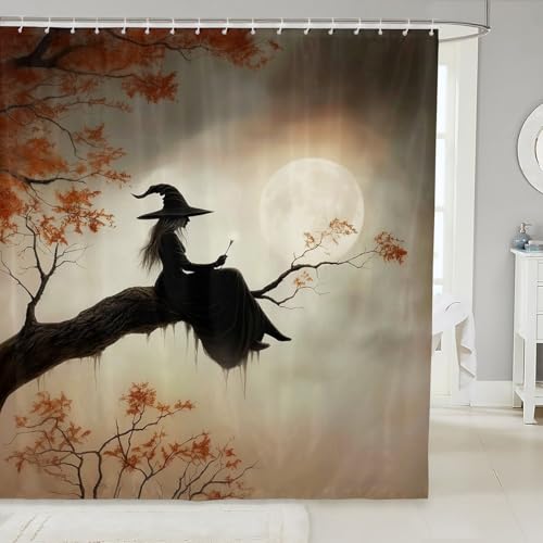 Halloween Gothic Bathtub Shower Curtain with Dark Moon Design - Beige Brown, 72 x 72 Inches