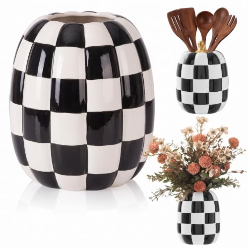 Black and White Checkered Ceramic Pumpkin Vase - 6.7 Inch Fall Decor