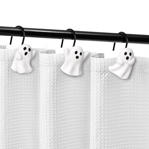 Ghost Shower Curtain Hooks - White Ghost with Black Hooks, Set of 12 Bathroom Decor