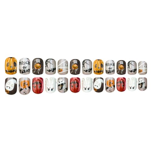 Halloween Press On Nails Short Oval Fake Nails with Spider Web Pumpkin Bat Ghost Design - Variation Halloween-13 - 24 pcs