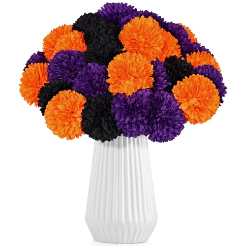 Halloween Artificial Flower Bouquet 36 Pcs Velvet Silk Chrysanthemums in Black Orange Purple with Stems — Halloween Party & Home Decor