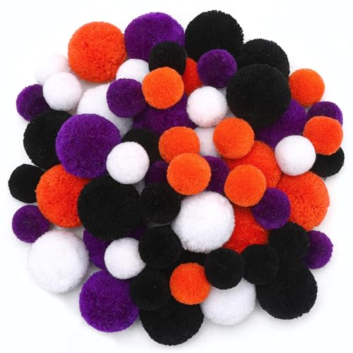 Halloween Yarn Pom Poms Set - Large & Small 60Pcs in Black Orange Purple White