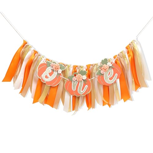 First Birthday Pumpkin High Chair Banner for Fall & Halloween Party - Orange Ribbon Decor