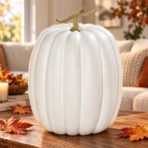 Large White Faux Pumpkin - Rustic Fall Harvest Decor for Halloween & Thanksgiving