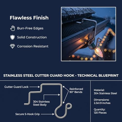 60 Pcs Stainless Steel Gutter Light Hooks for Christmas Lights - Outdoor Durable Clamp