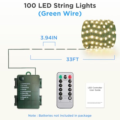 Green Wire Battery Operated String Lights 33ft Warm White with Remote & Timer