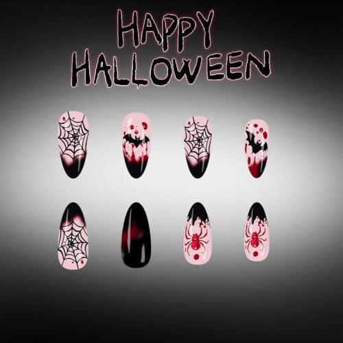 Halloween Press On Nails Kit Style-15 - Black French Tip Web Bat & Red Spider 24 Pcs