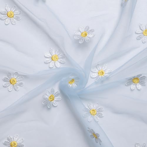28x120 Inch Sky Blue Daisy Gauze Embroidery Table Runner for Dining & Holiday Decor