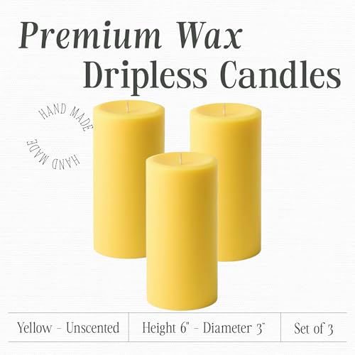 Set of 3 Unscented Yellow Pillar Candles 3x6 Inches - Handcrafted Home Decor