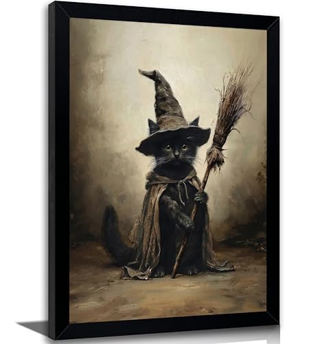 Framed Gothic Witch Black Cat Wall Art - Vintage Halloween Canvas Print - 10 x 8 Inches