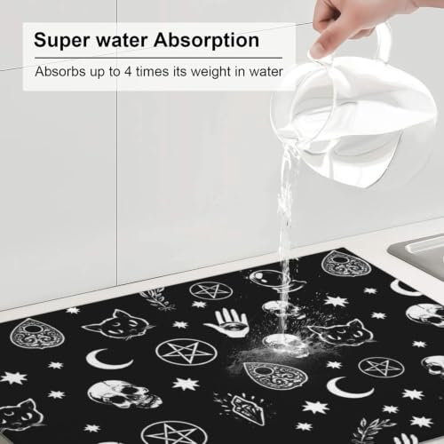 Skull Cat Moon Gothic Dish Drying Mat - 24x18 Inch Absorbent Kitchen Counter Pad - Halloween Decor