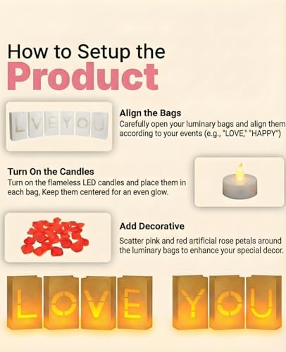 Love You More Every Day Anniversary Decorations Set - 19 Luminary Bags & LED Tea Lights