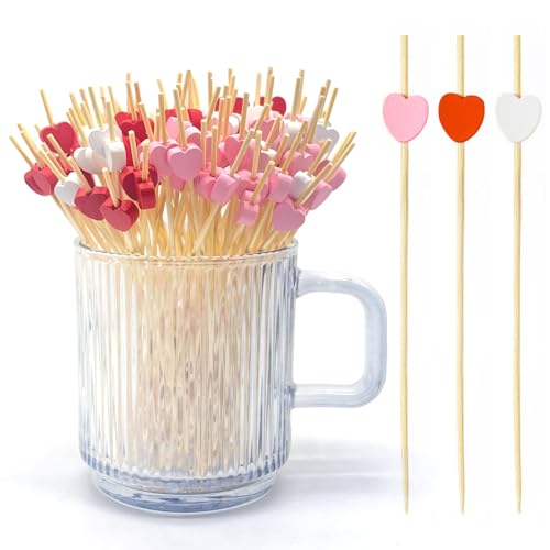 120 Pcs 5.9 Inch Heart-Shaped Bamboo Cocktail Toothpicks - Red, White, Pink, Mixed