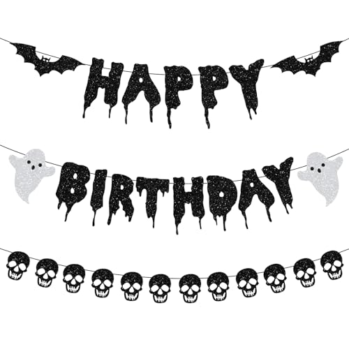 Halloween Birthday Banner Set - Glitter Paper Garland with Bats Skulls Ghosts