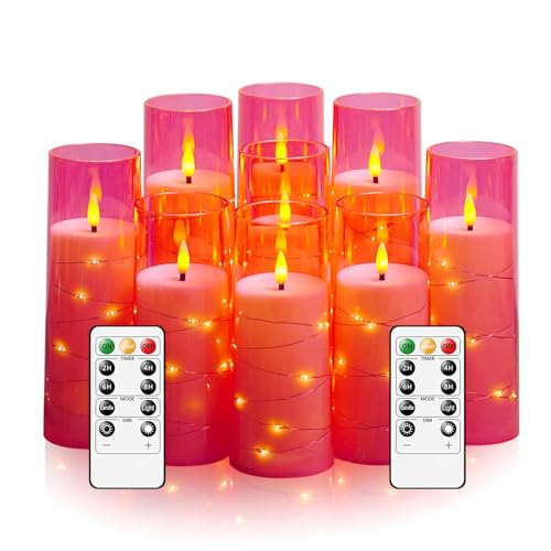 Pink Flameless LED Candles with Timer - 9 Pc Flickering Battery Operated Decor