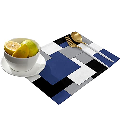 Abstract Art Navy Blue Placemats Set of 6 - Non Slip Washable Table Mats, Farmhouse Style, Heat Insulation for Dining & Wedding