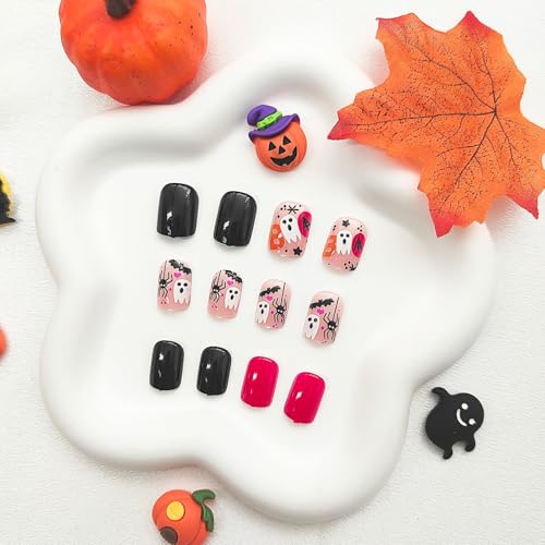 Halloween Short Square Press On Nails with Bat Spider Ghost Designs - Black & Pink 27