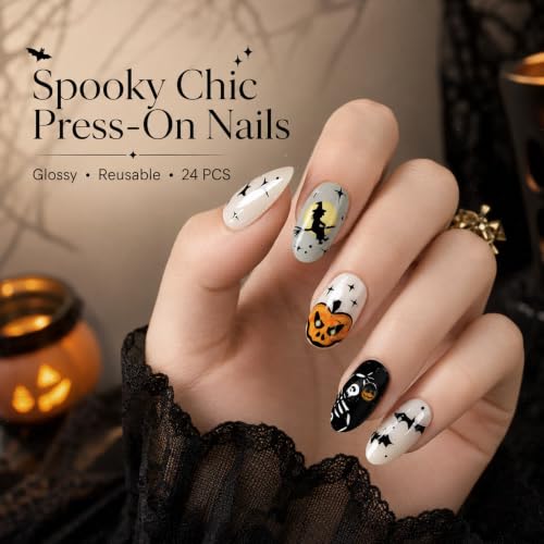 Halloween Press On Nails Witch Pumpkin Skull Oval Fake Nails - White Ash Orange, 24 Pcs