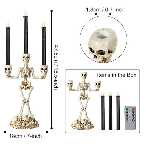 White Skeleton Candelabra with Black LED Candles Set - Gothic Halloween Decor