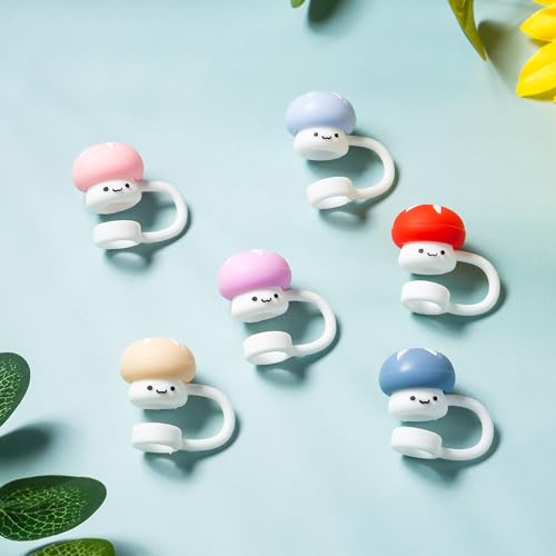 6Pcs Mushroom Silicone Straw Cover Caps - Reusable Pink Drinking Straw Toppers for Kids & Parties