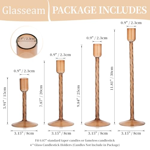 Amber Taper Candlestick Holders - 4 Pack with Brown Variation, Elegant Thanksgiving Table Decor