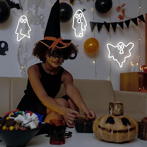 Ghost Neon Sign - White LED USB Wall Decor 9.84 Inch Halloween Ghost Light