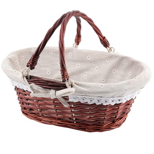 14 Inch Brown Wicker Woven Basket with Linen Lining & Handles - Gift, Picnic, Wedding Decor