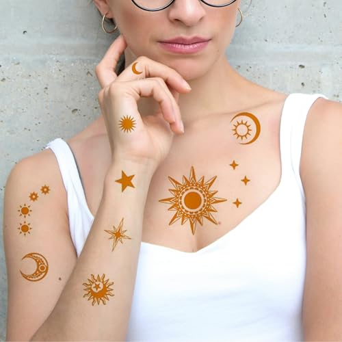 Gold Sun Moon Star Temporary Tattoo Stickers - Large 4-Sheet Set - Briyhose