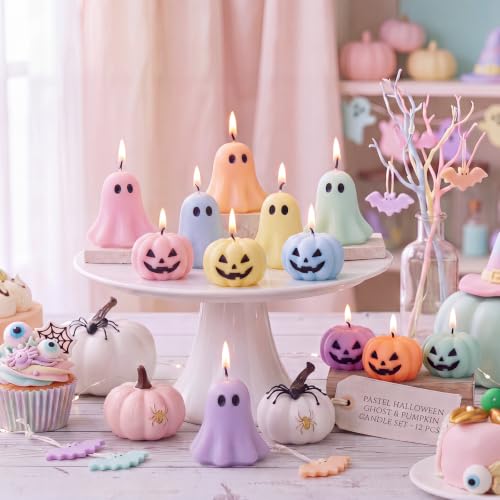 Halloween Pastel Ghost and Pumpkin Candle Set - 12 Mini Decor Candles