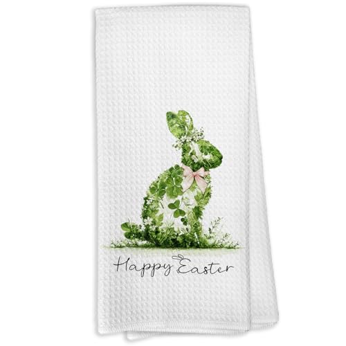 Green Bunny Easter Kitchen Dish Towels - Farmhouse Spring Hand Towels, 16x24 Inches