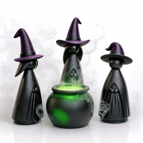 Green Halloween Witch Cauldron Figurine Set - Lighted Resin Miniatures for Indoor Outdoor Decor